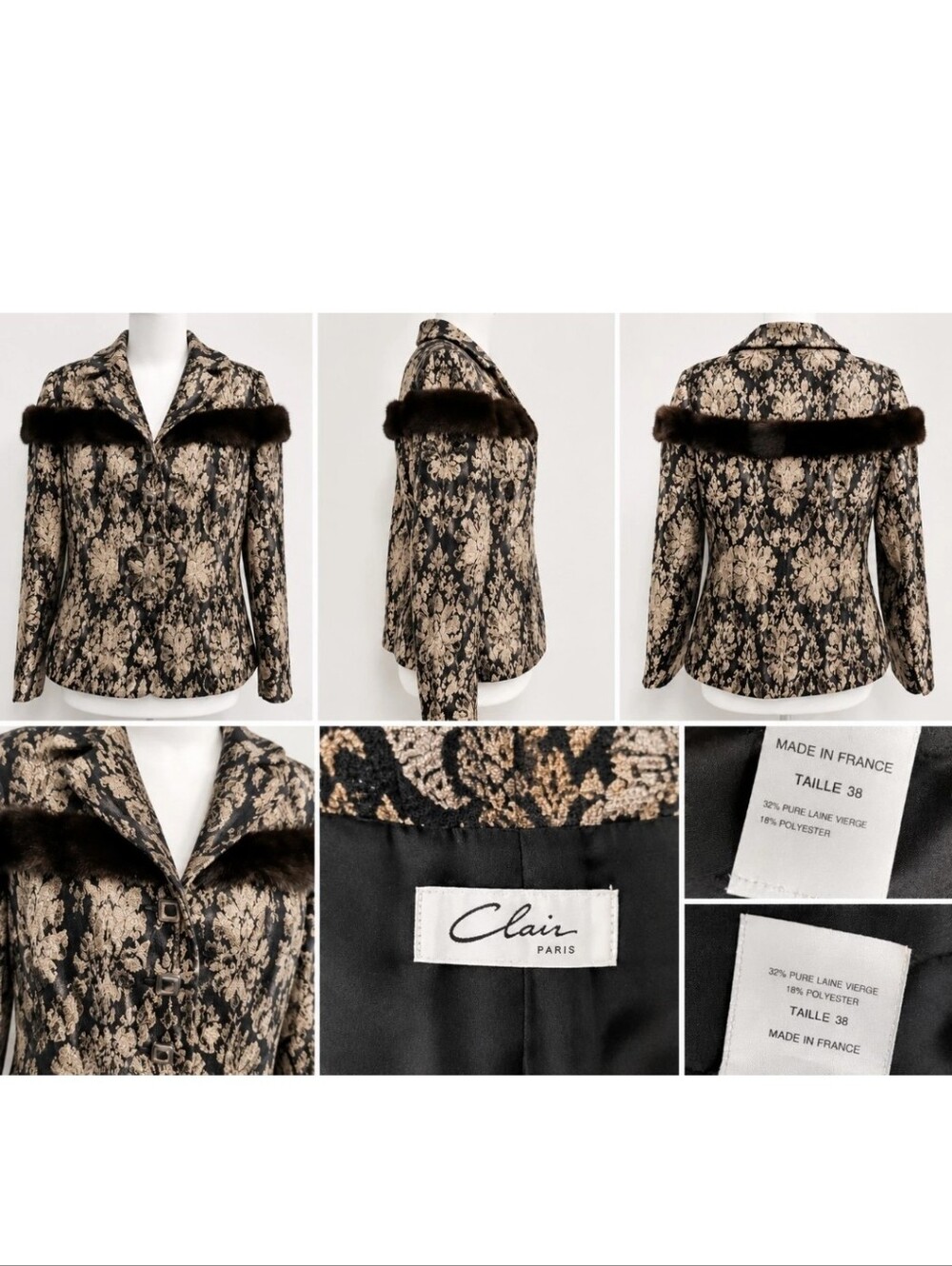 Clair Paris Made in France Brocade Jacket Genuine Mink Fur Trim - Vintage - Med